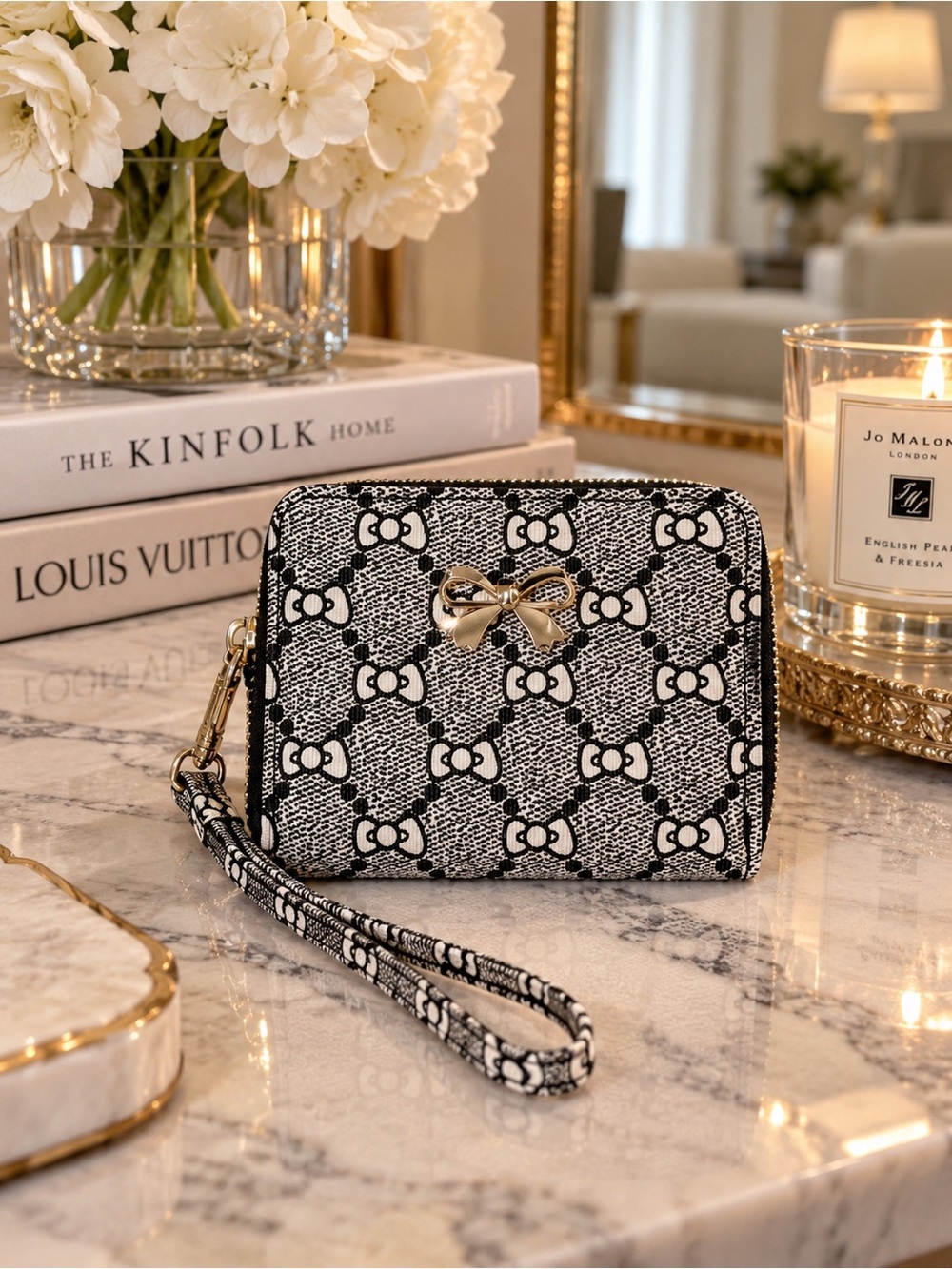 Blush Kiss Black & White Bow Print Zip Wallet Wristlet NWT